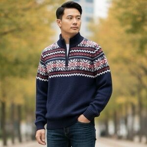 Izod Men's Fair Isle Navy and Red Half Zip Cotton Sweater Sz Large Dad